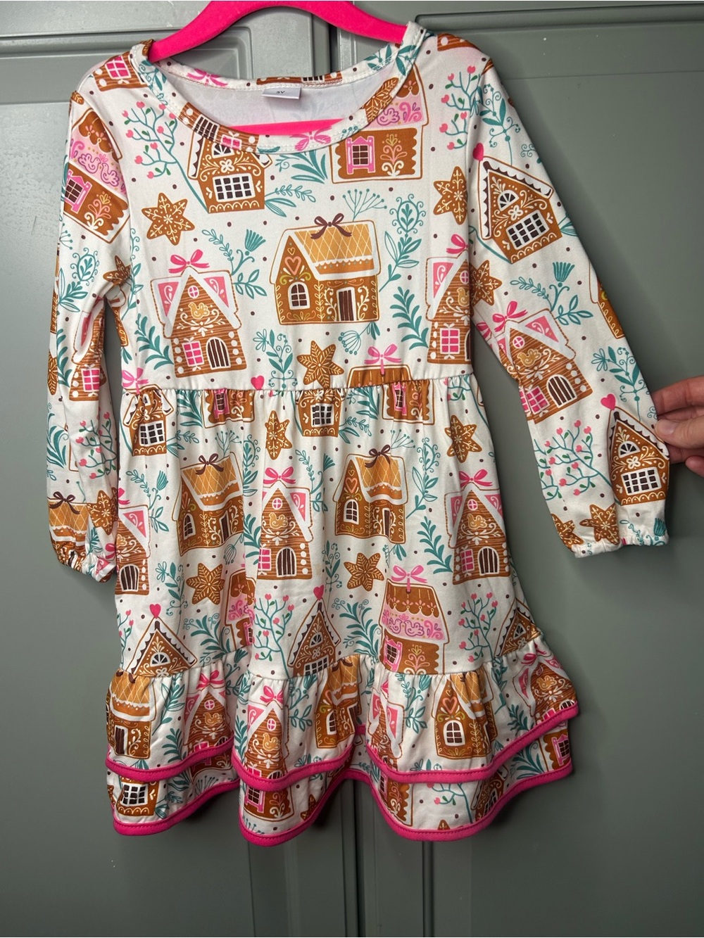 Girls Gingerbread Houses Holiday twirl Dress - White, Brown, Pink, Teal size 3t